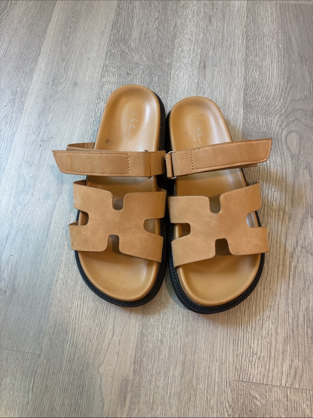 Women's Tan Slide Sandals with Adjustable Strap
